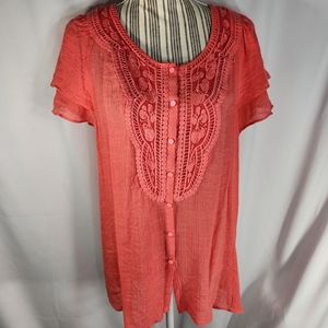 Spense Orange Button Down Layered Butterfly Sleeve Lace Chest Top Size Large
